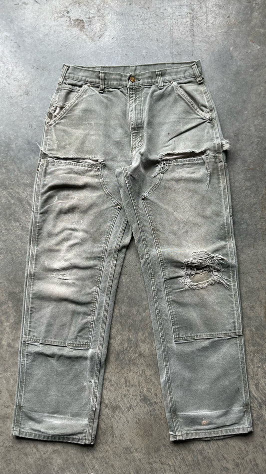 (33X32)FADED DISTRESSED GREEN CARHARTT DOUBLE KNEES