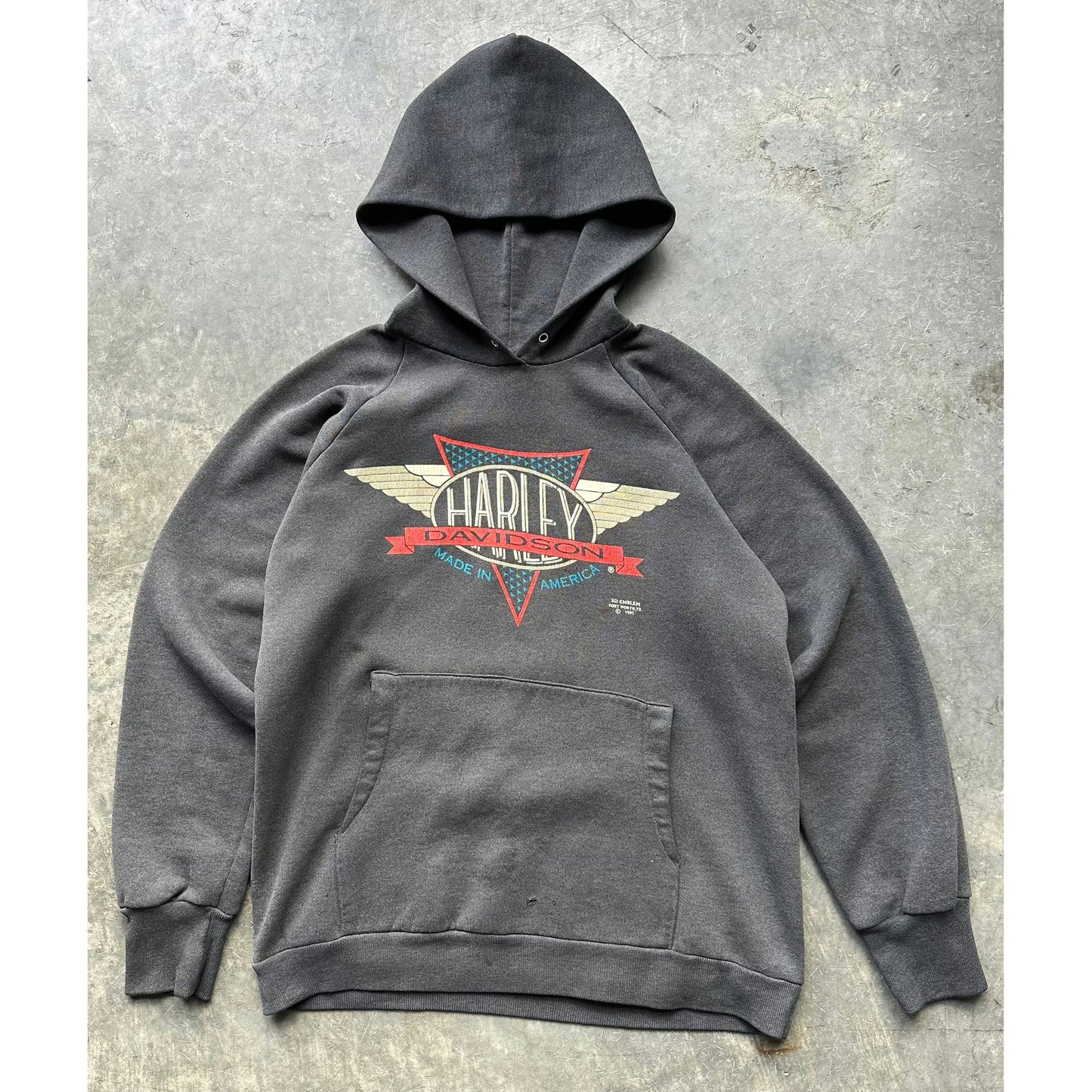 1991 FADED HARLEY DAVIDSON 3D EMBLEM HOODIE(M)